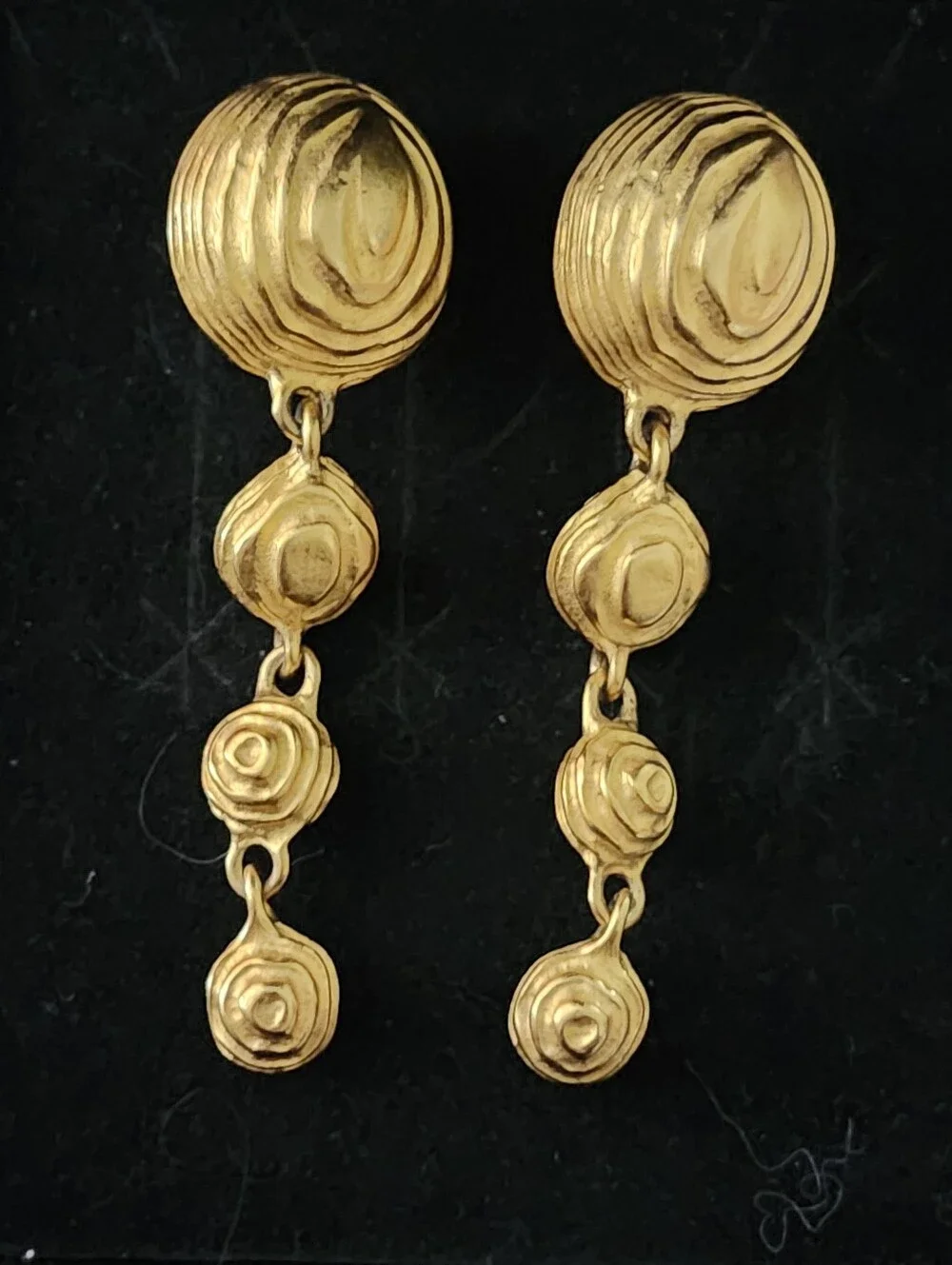Signed Givenchy Brutalist Runway Long Dangle Drop Gold Tone Textured Earrings